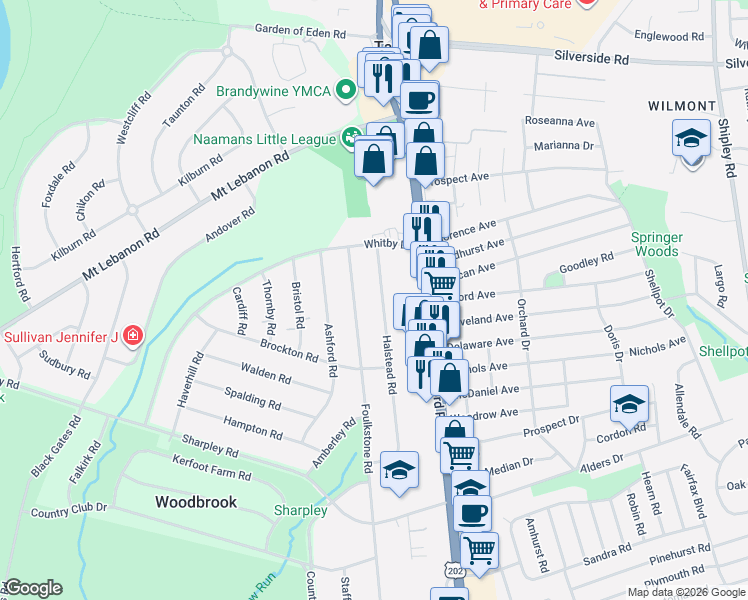 map of restaurants, bars, coffee shops, grocery stores, and more near 723 Halstead Road in Wilmington