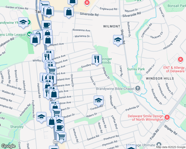 map of restaurants, bars, coffee shops, grocery stores, and more near 406 Concord Avenue in Wilmington