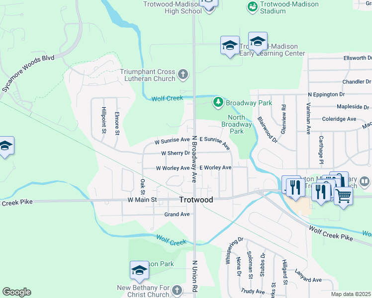 map of restaurants, bars, coffee shops, grocery stores, and more near 207 North Broadway Avenue in Trotwood
