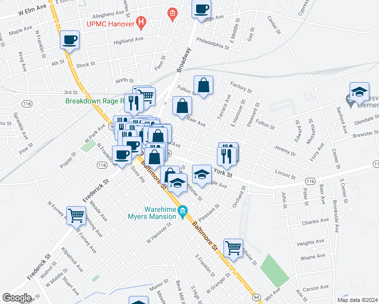 map of restaurants, bars, coffee shops, grocery stores, and more near 115 East Middle Street in Hanover