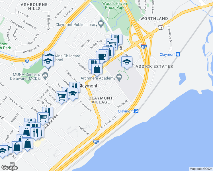map of restaurants, bars, coffee shops, grocery stores, and more near 2 Melvin Drive in Claymont