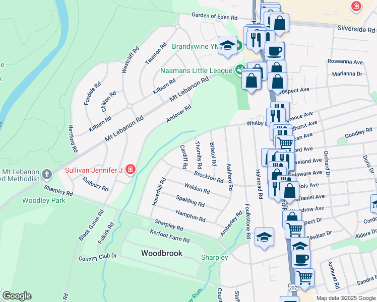 map of restaurants, bars, coffee shops, grocery stores, and more near 708 Cardiff Road in Wilmington