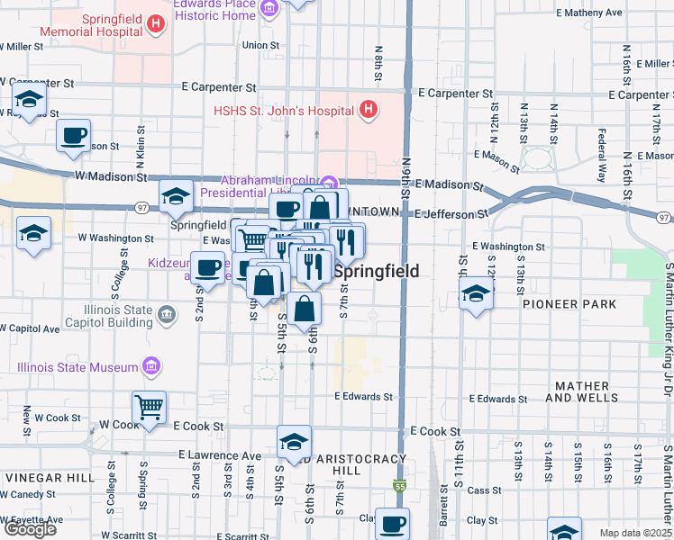 map of restaurants, bars, coffee shops, grocery stores, and more near 627 East Adams Street in Springfield