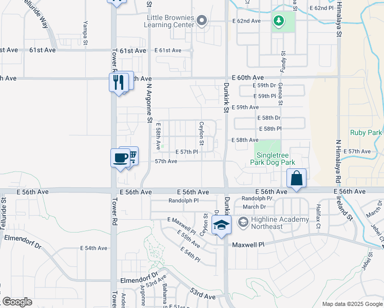 map of restaurants, bars, coffee shops, grocery stores, and more near 19017 East 57th Place in Denver