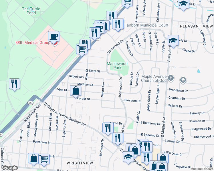 map of restaurants, bars, coffee shops, grocery stores, and more near 164 Gilbert Avenue in Fairborn