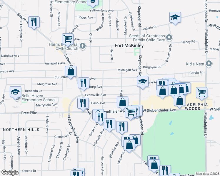 map of restaurants, bars, coffee shops, grocery stores, and more near 3637 Pittsburg Avenue in Dayton