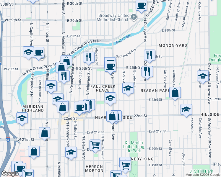 map of restaurants, bars, coffee shops, grocery stores, and more near 2357 Central Avenue in Indianapolis