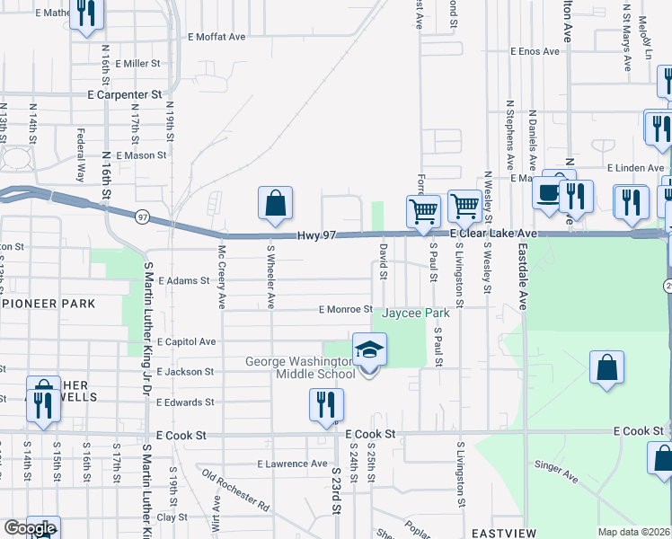 map of restaurants, bars, coffee shops, grocery stores, and more near 2209 East Adams Street in Springfield
