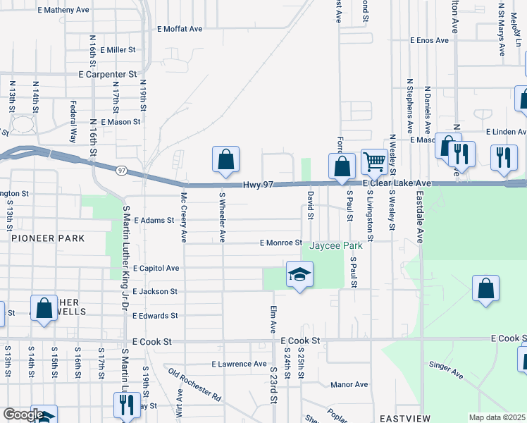map of restaurants, bars, coffee shops, grocery stores, and more near 2209 East Adams Street in Springfield