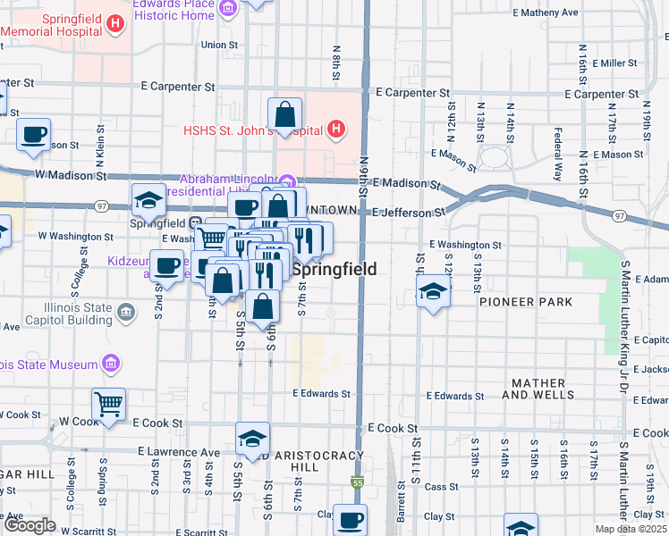 map of restaurants, bars, coffee shops, grocery stores, and more near in Springfield