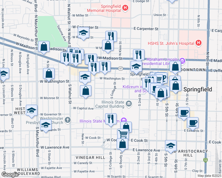 map of restaurants, bars, coffee shops, grocery stores, and more near in Springfield