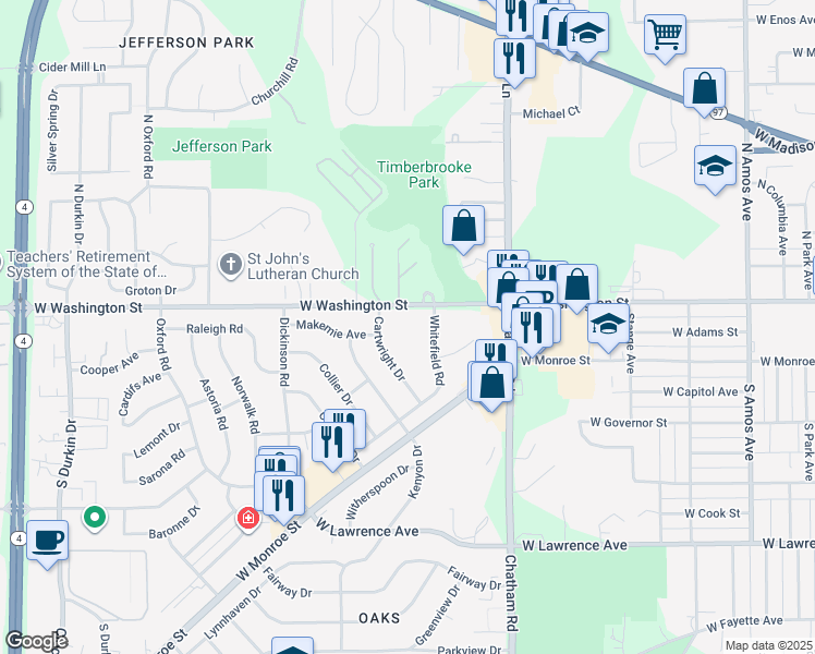 map of restaurants, bars, coffee shops, grocery stores, and more near 2120 West Washington Street in Springfield