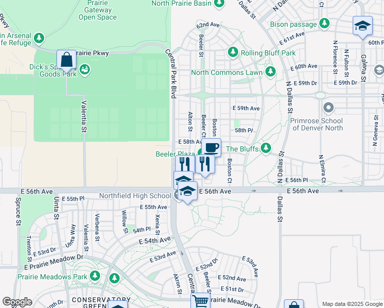 map of restaurants, bars, coffee shops, grocery stores, and more near 5744 Alton Street in Denver