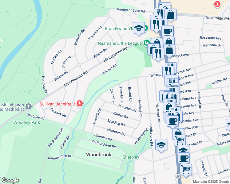 map of restaurants, bars, coffee shops, grocery stores, and more near 708 Cardiff Road in Wilmington