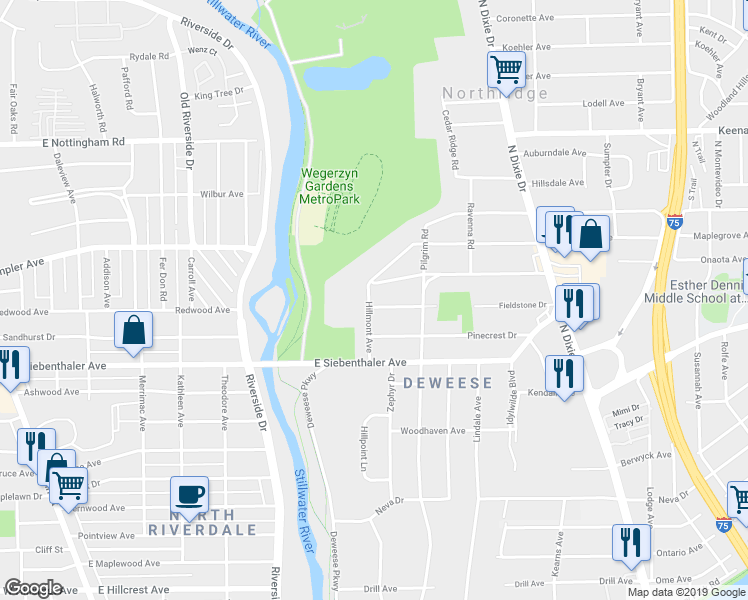 map of restaurants, bars, coffee shops, grocery stores, and more near 1405 Fieldstone Drive in Dayton