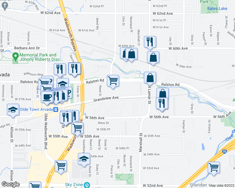 map of restaurants, bars, coffee shops, grocery stores, and more near 6711 Grandview Avenue in Arvada