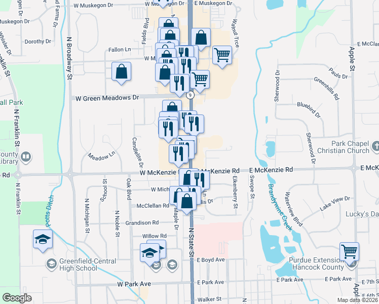 map of restaurants, bars, coffee shops, grocery stores, and more near 1282 North State Street in Greenfield