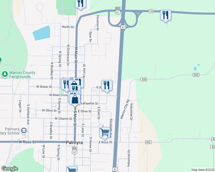 map of restaurants, bars, coffee shops, grocery stores, and more near 424 East Water Street in Palmyra