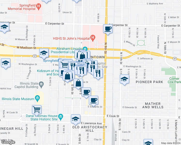 map of restaurants, bars, coffee shops, grocery stores, and more near 701 East Adams Street in Springfield