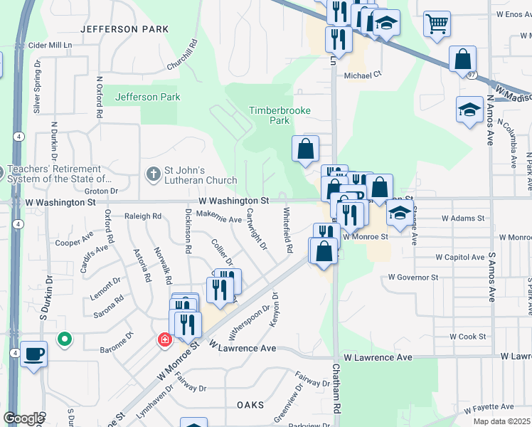 map of restaurants, bars, coffee shops, grocery stores, and more near 2120 West Washington Street in Springfield