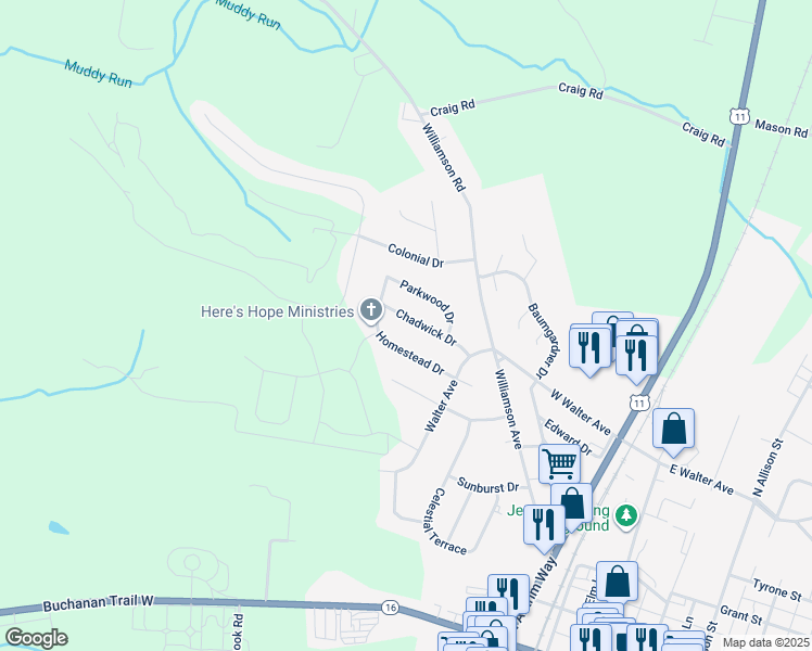 map of restaurants, bars, coffee shops, grocery stores, and more near 68 Chadwick Drive in Greencastle