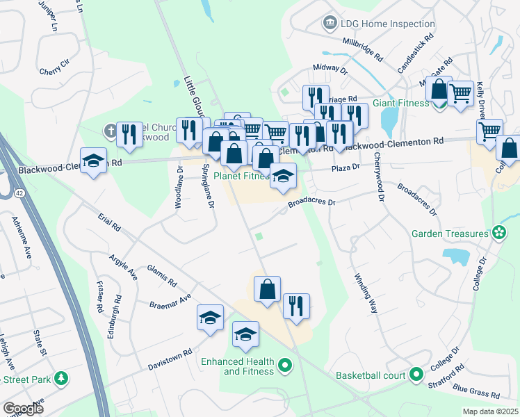 map of restaurants, bars, coffee shops, grocery stores, and more near 415 Highland Estates in Clementon