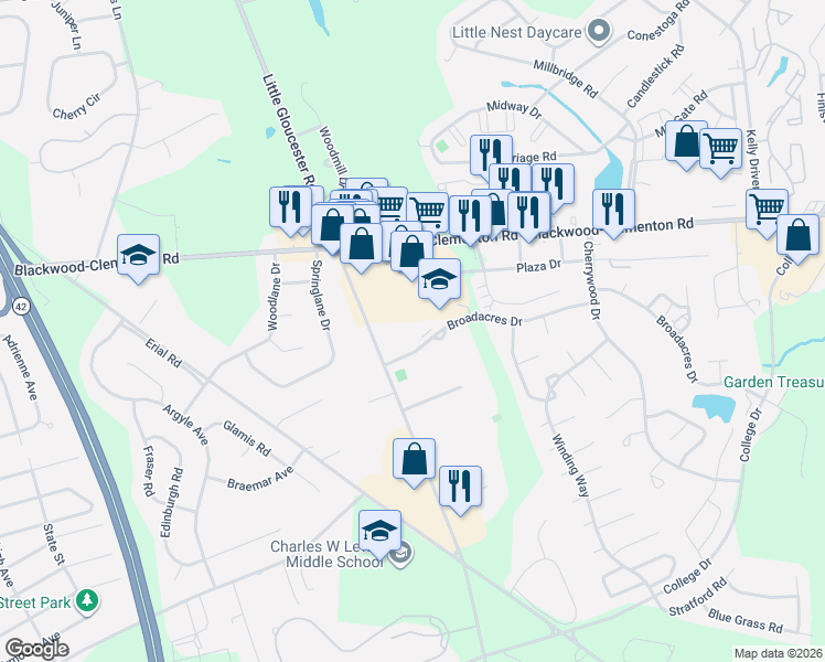 map of restaurants, bars, coffee shops, grocery stores, and more near 15 Broadacres Drive in Clementon