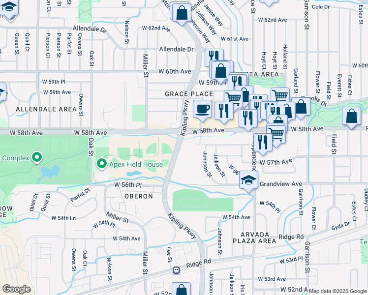 map of restaurants, bars, coffee shops, grocery stores, and more near 5694 Kipling Parkway in Arvada