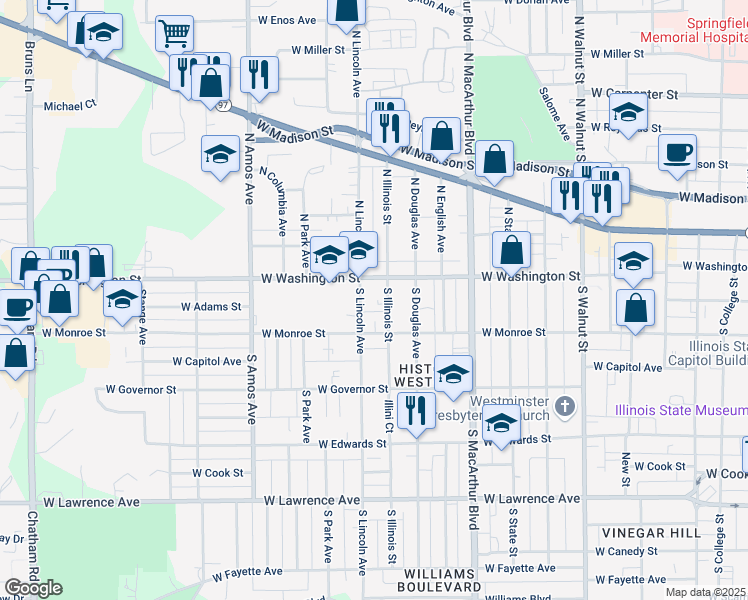map of restaurants, bars, coffee shops, grocery stores, and more near 120 South Lincoln Avenue in Springfield