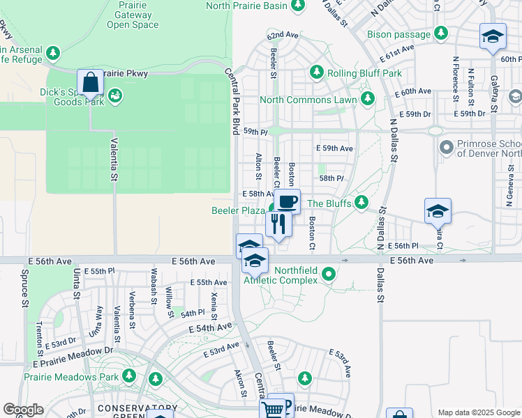 map of restaurants, bars, coffee shops, grocery stores, and more near 5750 Alton Street in Denver