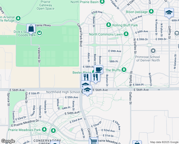 map of restaurants, bars, coffee shops, grocery stores, and more near 5750 Alton Street in Denver