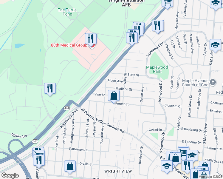 map of restaurants, bars, coffee shops, grocery stores, and more near 355 Madison Street in Fairborn