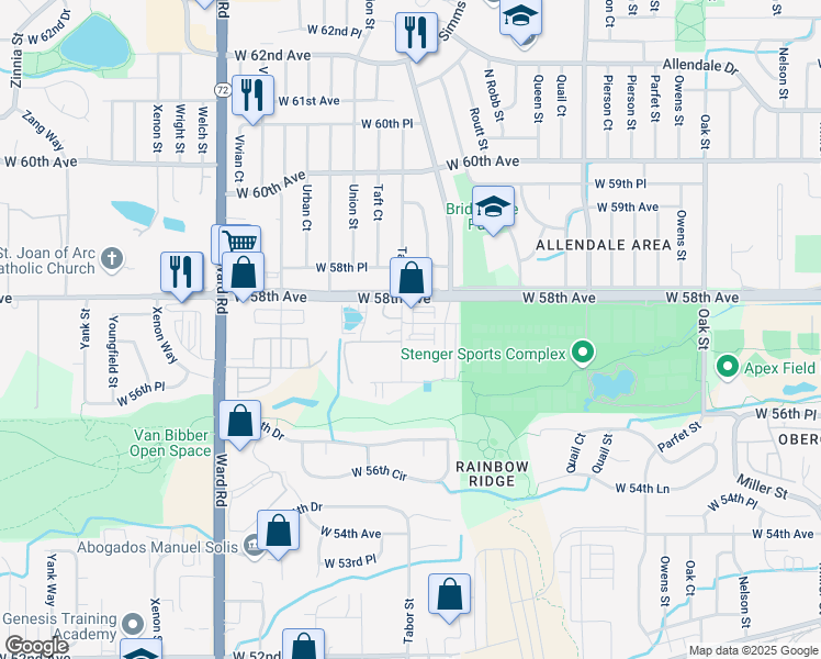 map of restaurants, bars, coffee shops, grocery stores, and more near 11778 West 57th Place in Arvada