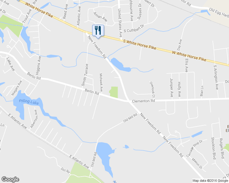 map of restaurants, bars, coffee shops, grocery stores, and more near 601 Berlin Road in Clementon