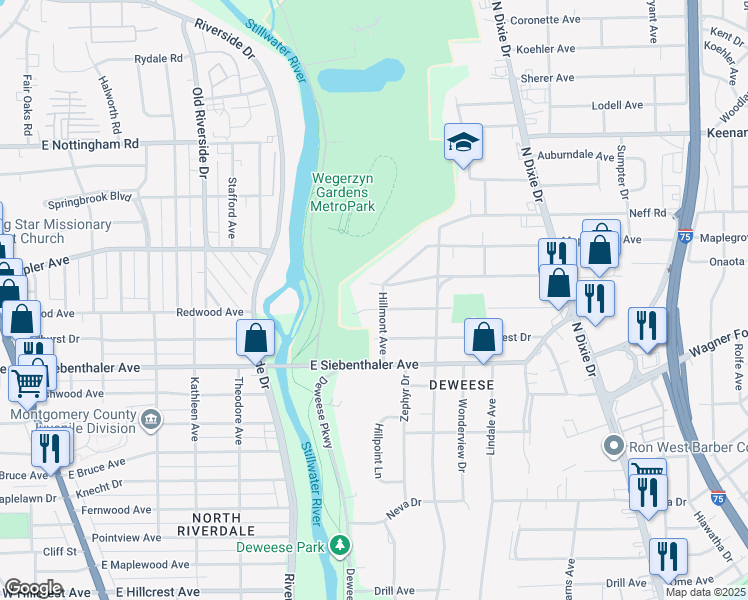 map of restaurants, bars, coffee shops, grocery stores, and more near 3711 Hillmont Avenue in Dayton
