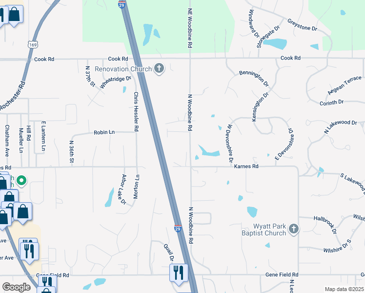 map of restaurants, bars, coffee shops, grocery stores, and more near 3302 North Woodbine Road in Saint Joseph