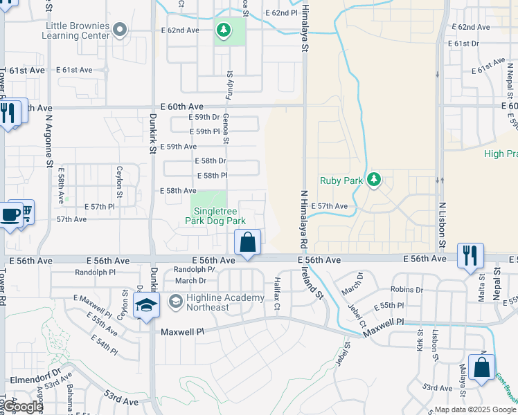map of restaurants, bars, coffee shops, grocery stores, and more near 5763 North Gibralter Way in Denver