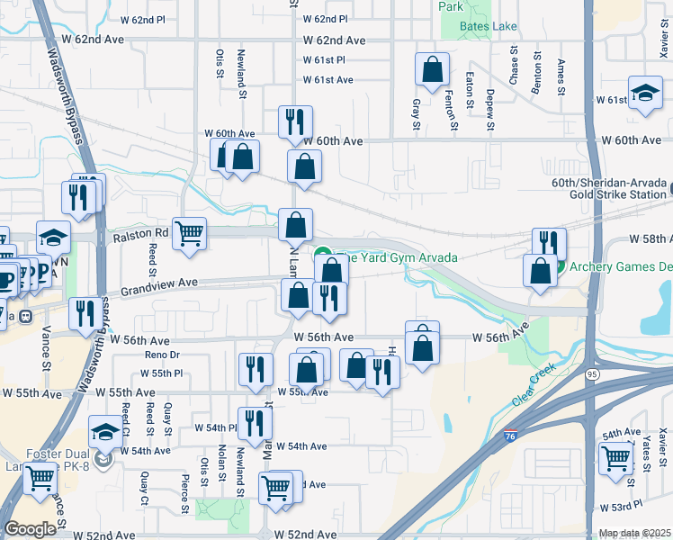 map of restaurants, bars, coffee shops, grocery stores, and more near 5752 North Lamar Street in Arvada