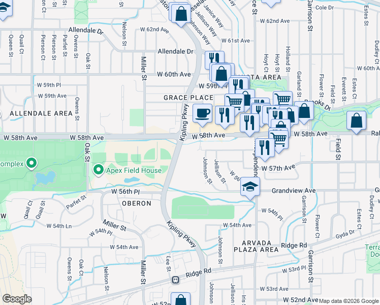 map of restaurants, bars, coffee shops, grocery stores, and more near 5694 Kipling Parkway in Arvada