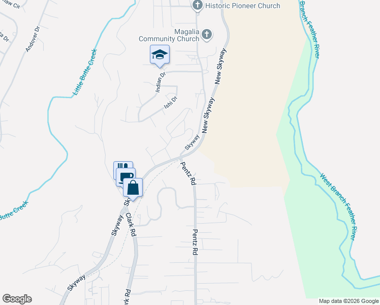 map of restaurants, bars, coffee shops, grocery stores, and more near 7330 Pentz Road in Paradise