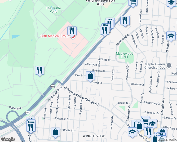 map of restaurants, bars, coffee shops, grocery stores, and more near 355 Madison Street in Fairborn