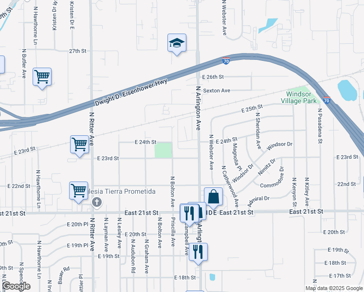 map of restaurants, bars, coffee shops, grocery stores, and more near 5941 East 24th Street in Indianapolis