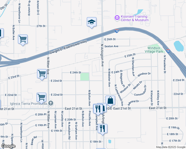 map of restaurants, bars, coffee shops, grocery stores, and more near 5941 East 24th Street in Indianapolis