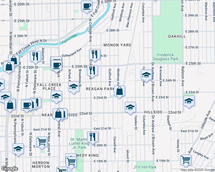 map of restaurants, bars, coffee shops, grocery stores, and more near 2350 Guilford Avenue in Indianapolis