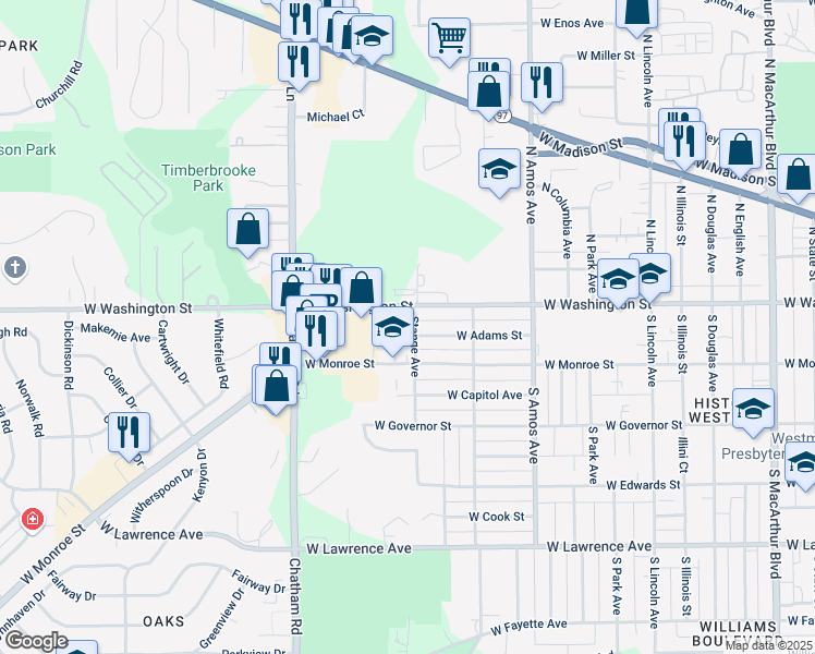 map of restaurants, bars, coffee shops, grocery stores, and more near 112 Stange Avenue in Springfield