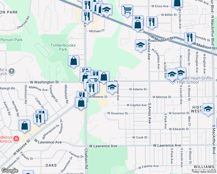 map of restaurants, bars, coffee shops, grocery stores, and more near 1750 West Washington Street in Springfield