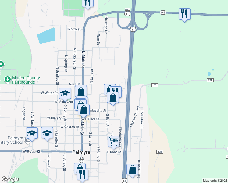 map of restaurants, bars, coffee shops, grocery stores, and more near 424 East Water Street in Palmyra