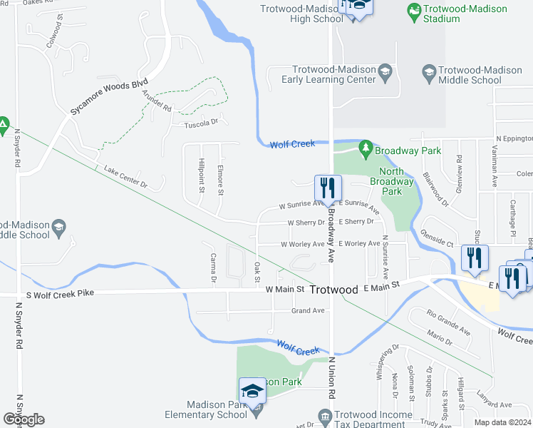 map of restaurants, bars, coffee shops, grocery stores, and more near 114 West Sunrise Avenue in Trotwood