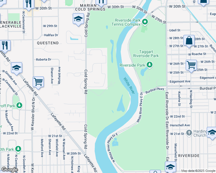 map of restaurants, bars, coffee shops, grocery stores, and more near North White River Parkway Drive in Indianapolis