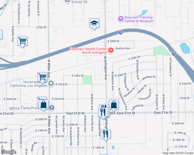 map of restaurants, bars, coffee shops, grocery stores, and more near 5941 East 24th Street in Indianapolis